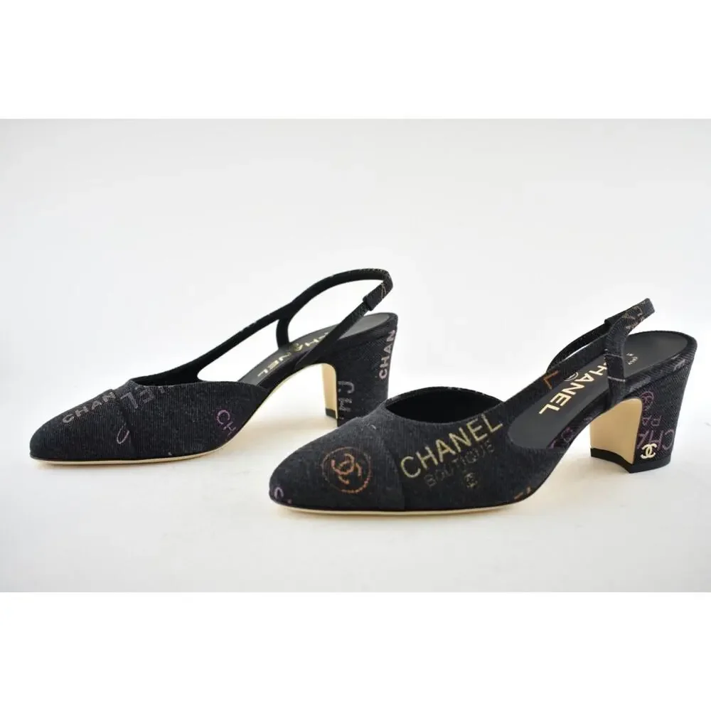 Chanel 22P Mademoiselle Coco Sling Black Grey Denim Slingback Sandal Heel 37.5 - Picture 10 of 12